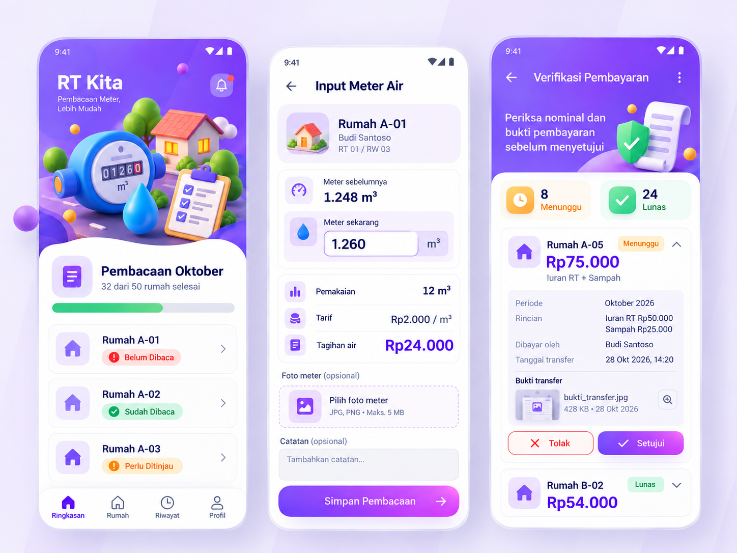 Tiga layar aplikasi pengurus untuk pembacaan meter air dan verifikasi pembayaran
